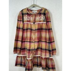 Kids Headquarters Plaid Embroidered Button Front Dress 6 Long Sleeve Ruffle NWT